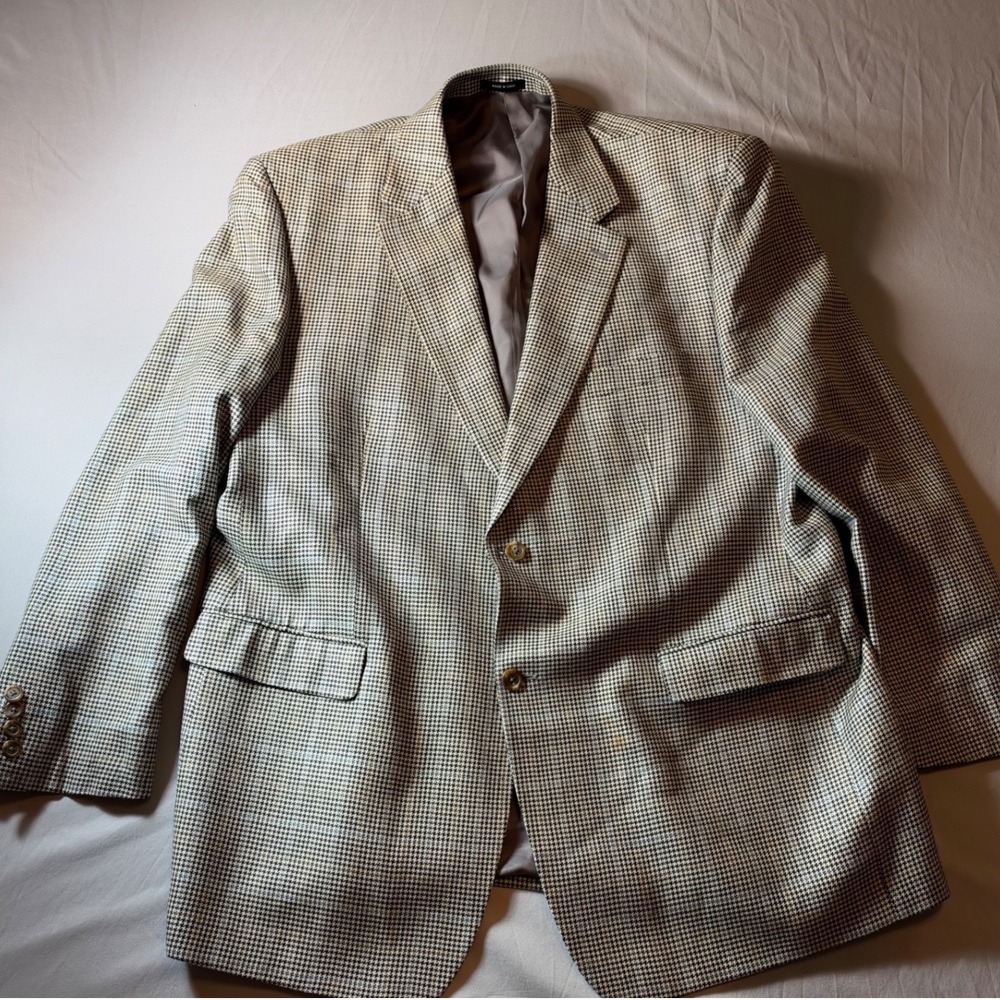 Ralph Lauren Mens 48L Silk Plaid Sport Coat Blazer Tan Blue 100% Silk